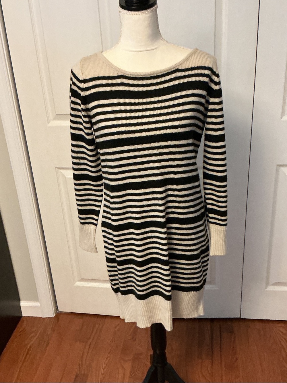 Xhilaration Black and Cream Striped Long Sleeve Knit Dress